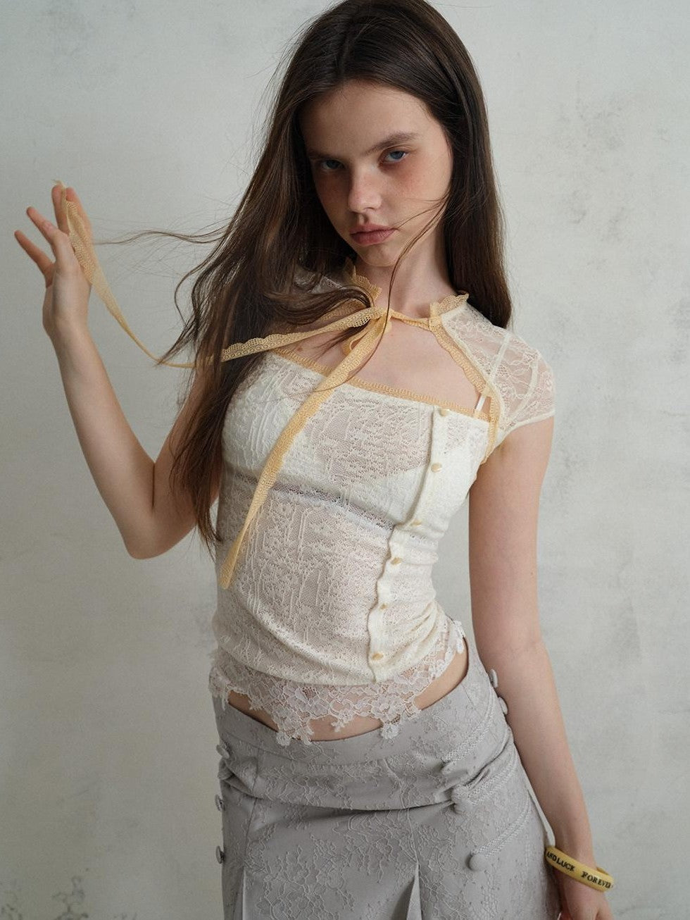 UNIVERSE Sheer Lace Colorblock Tie Bandeau Women's Short Sleeve T-shirts