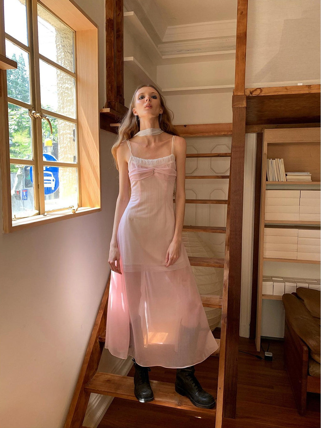 UNIVERSE Sheer Sakura Pink High Waist Spaghetti Strap Women's Slip Midi Dresses
