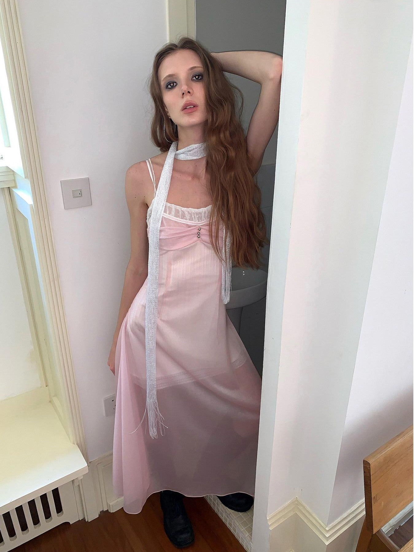 UNIVERSE Sheer Sakura Pink High Waist Spaghetti Strap Women's Slip Midi Dresses