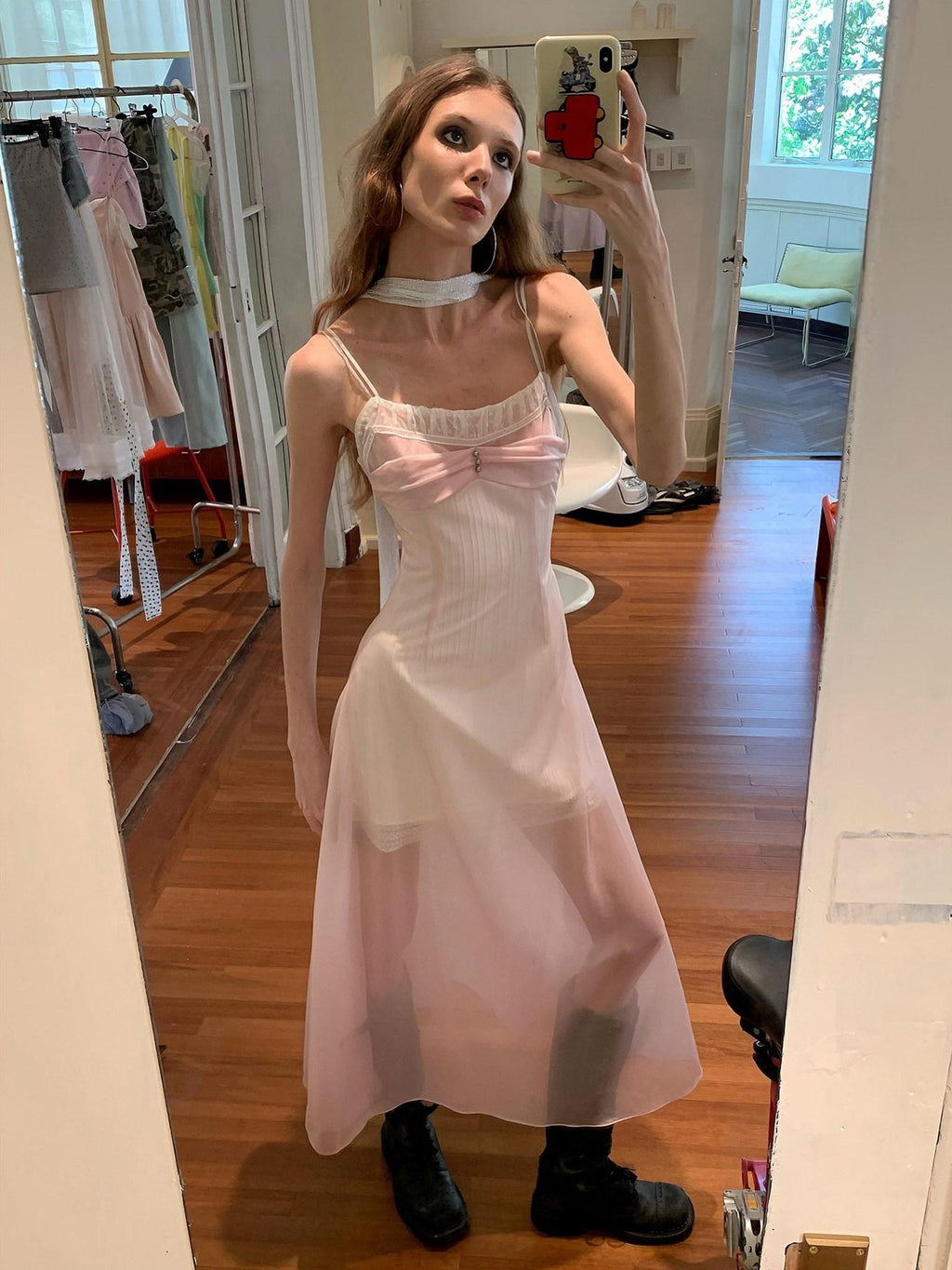 UNIVERSE Sheer Sakura Pink High Waist Spaghetti Strap Women's Slip Midi Dresses