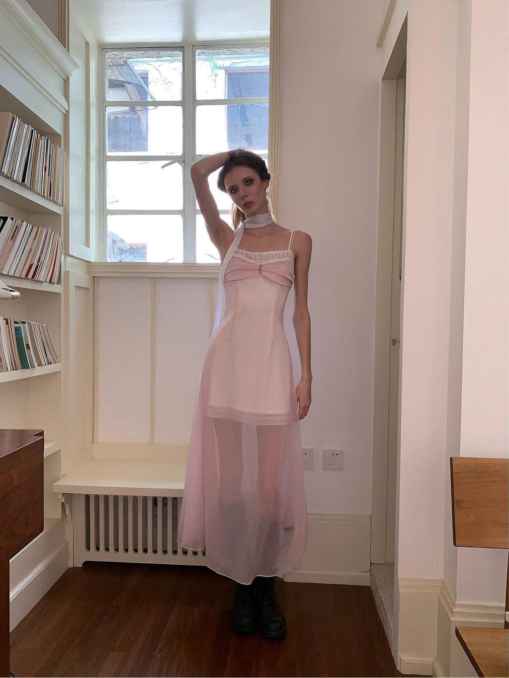 UNIVERSE Sheer Sakura Pink High Waist Spaghetti Strap Women's Slip Midi Dresses