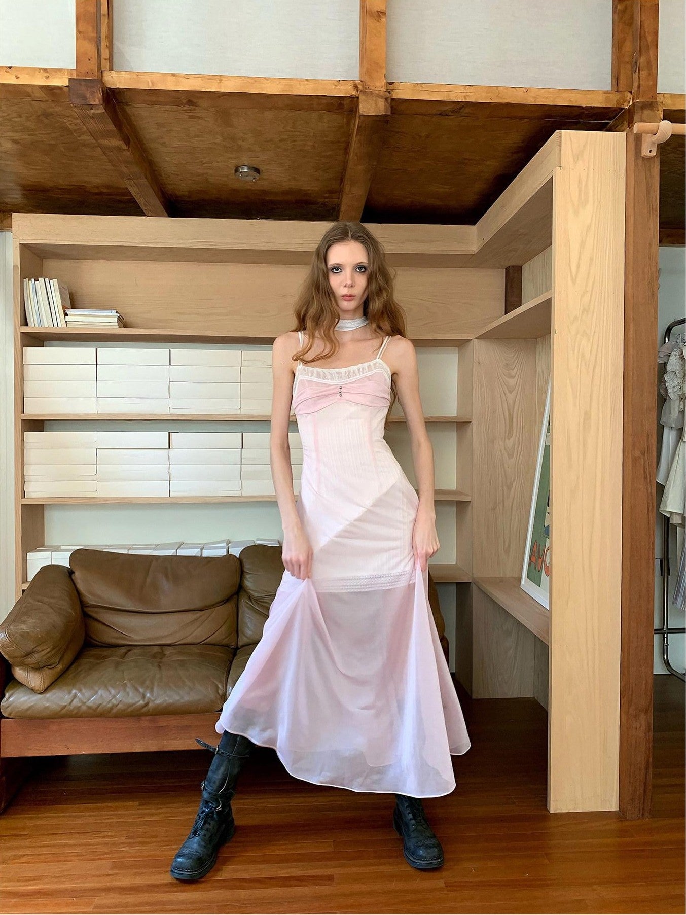 UNIVERSE Sheer Sakura Pink High Waist Spaghetti Strap Women's Slip Midi Dresses