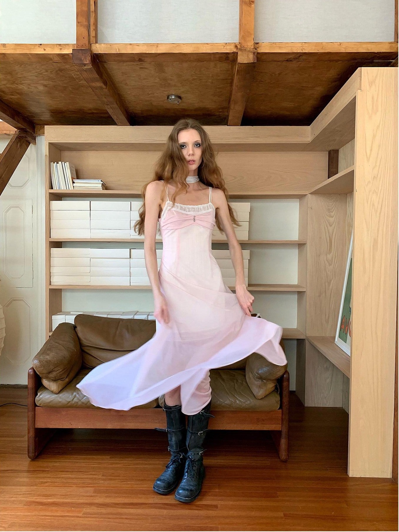 UNIVERSE Sheer Sakura Pink High Waist Spaghetti Strap Women's Slip Midi Dresses