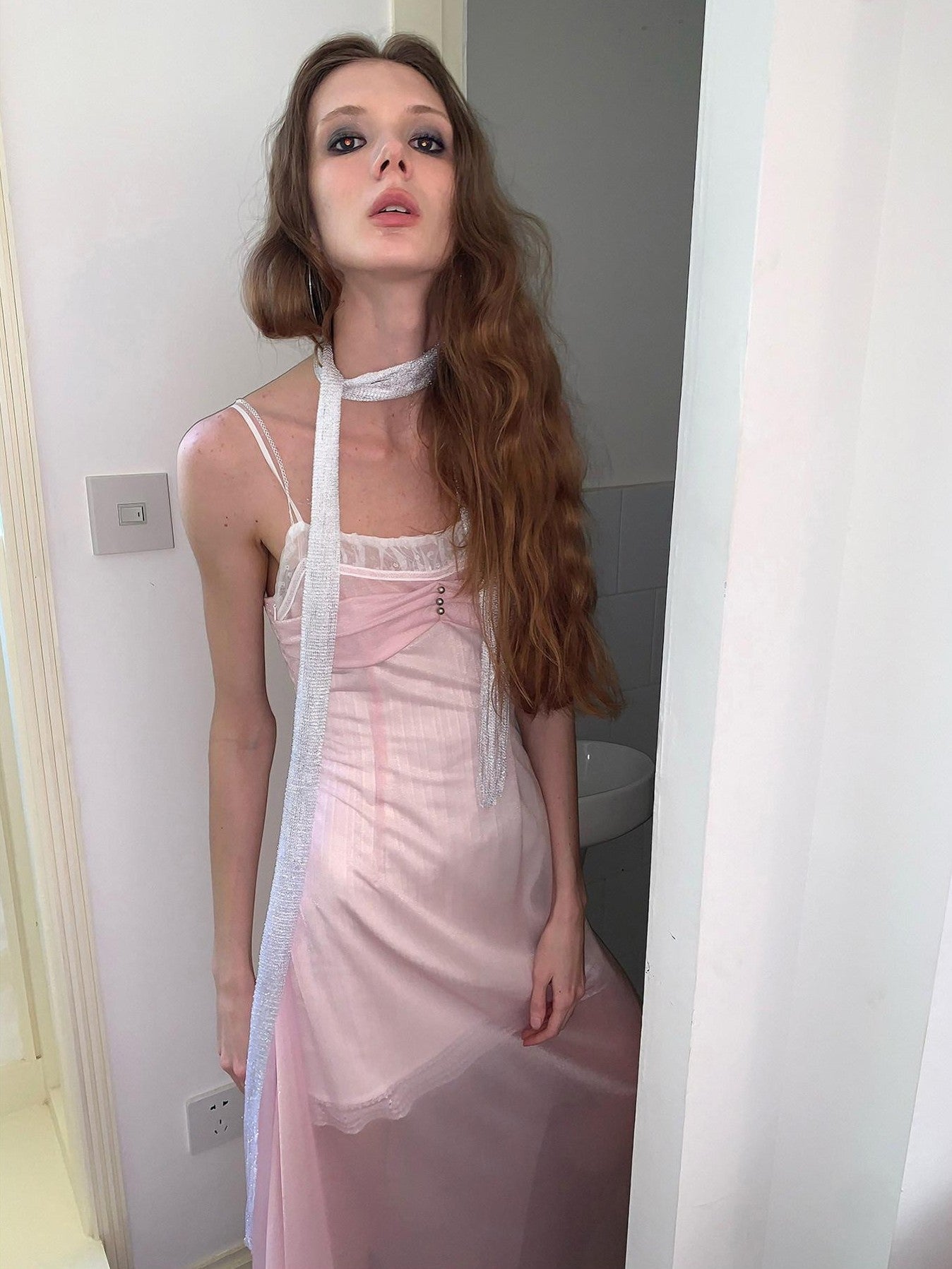 UNIVERSE Sheer Sakura Pink High Waist Spaghetti Strap Women's Slip Midi Dresses