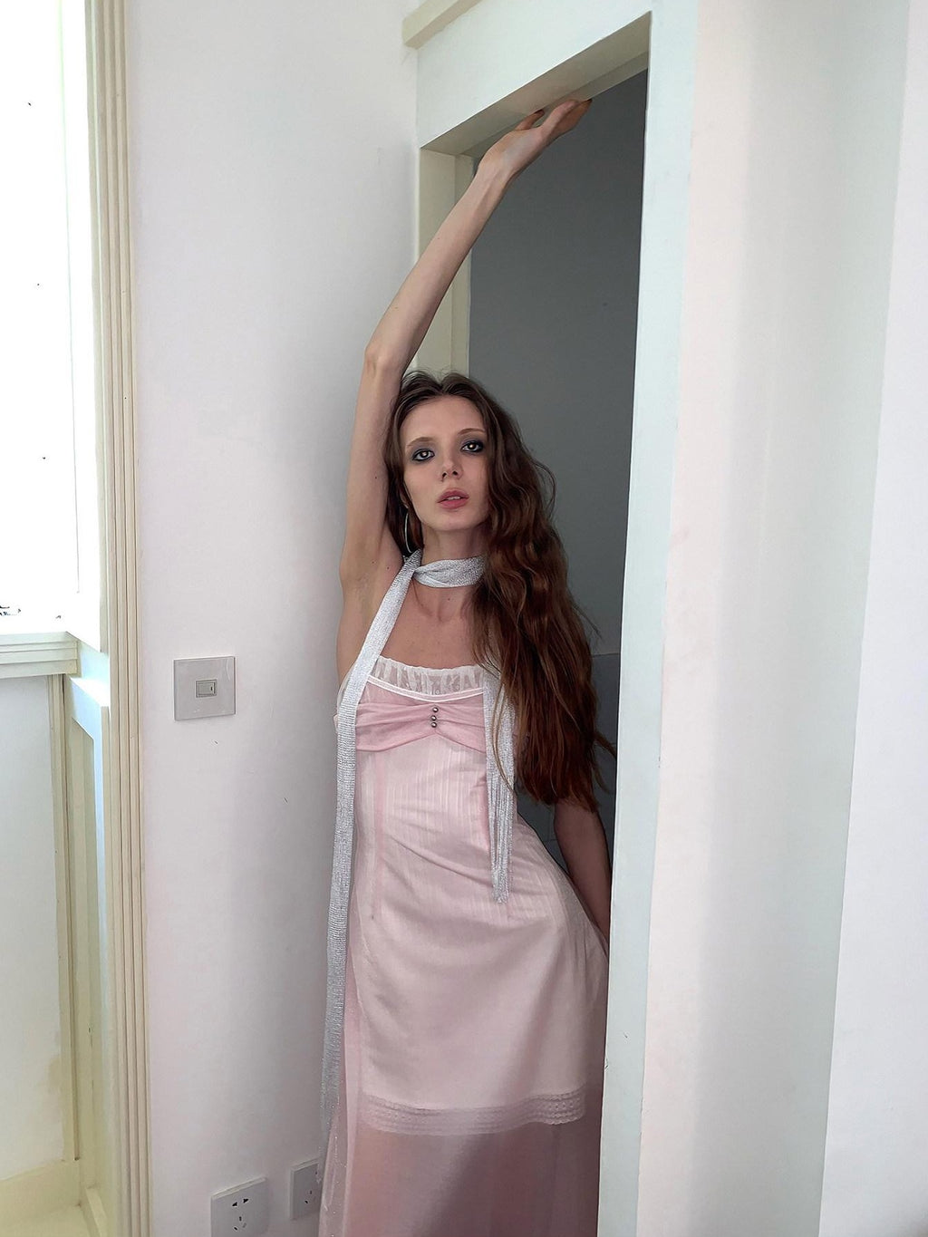 UNIVERSE Sheer Sakura Pink High Waist Spaghetti Strap Women's Slip Midi Dresses