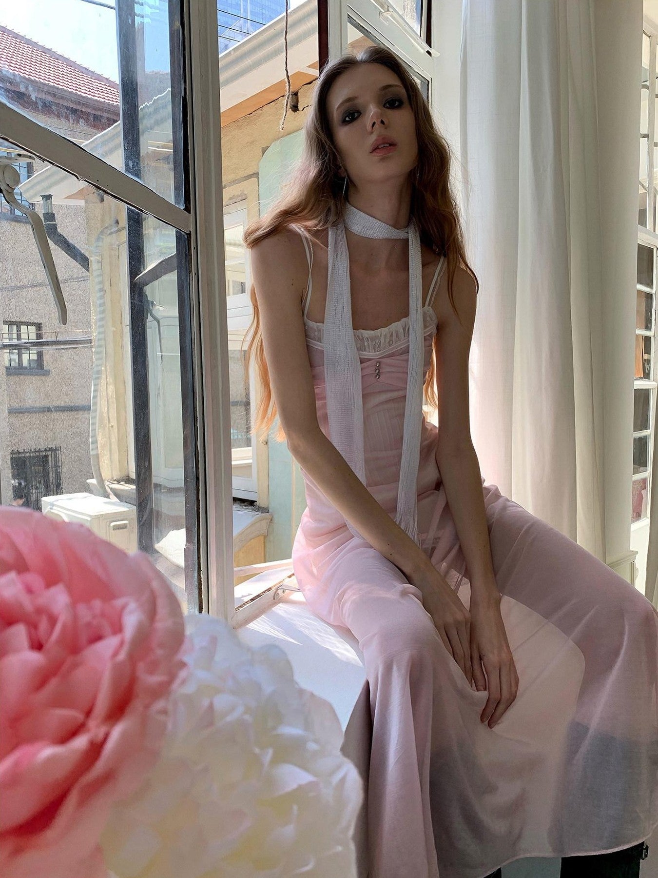 UNIVERSE Sheer Sakura Pink High Waist Spaghetti Strap Women's Slip Midi Dresses