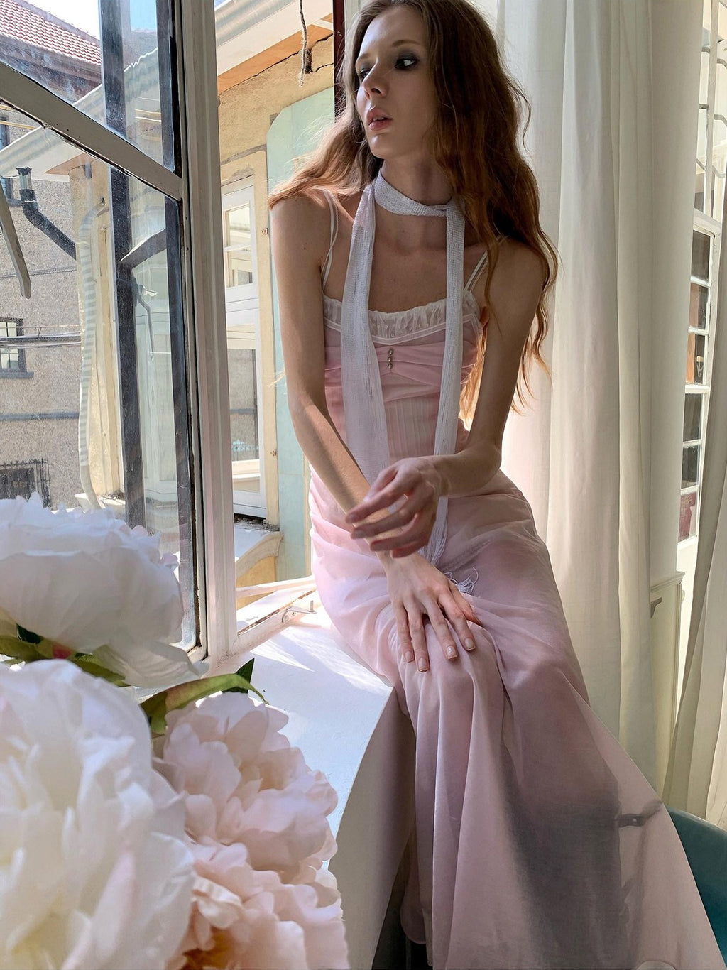 UNIVERSE Sheer Sakura Pink High Waist Spaghetti Strap Women's Slip Midi Dresses