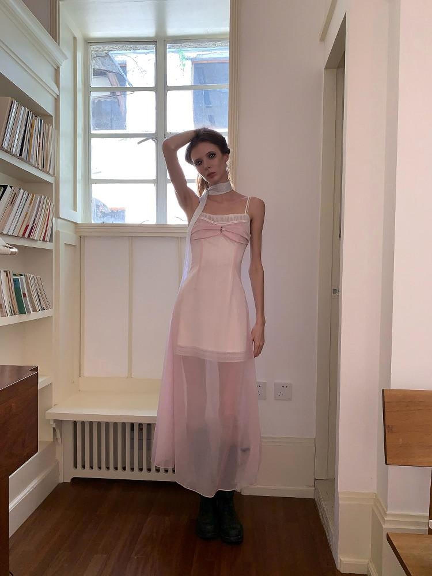 UNIVERSE Sheer Sakura Pink High Waist Spaghetti Strap Women's Slip Midi Dresses