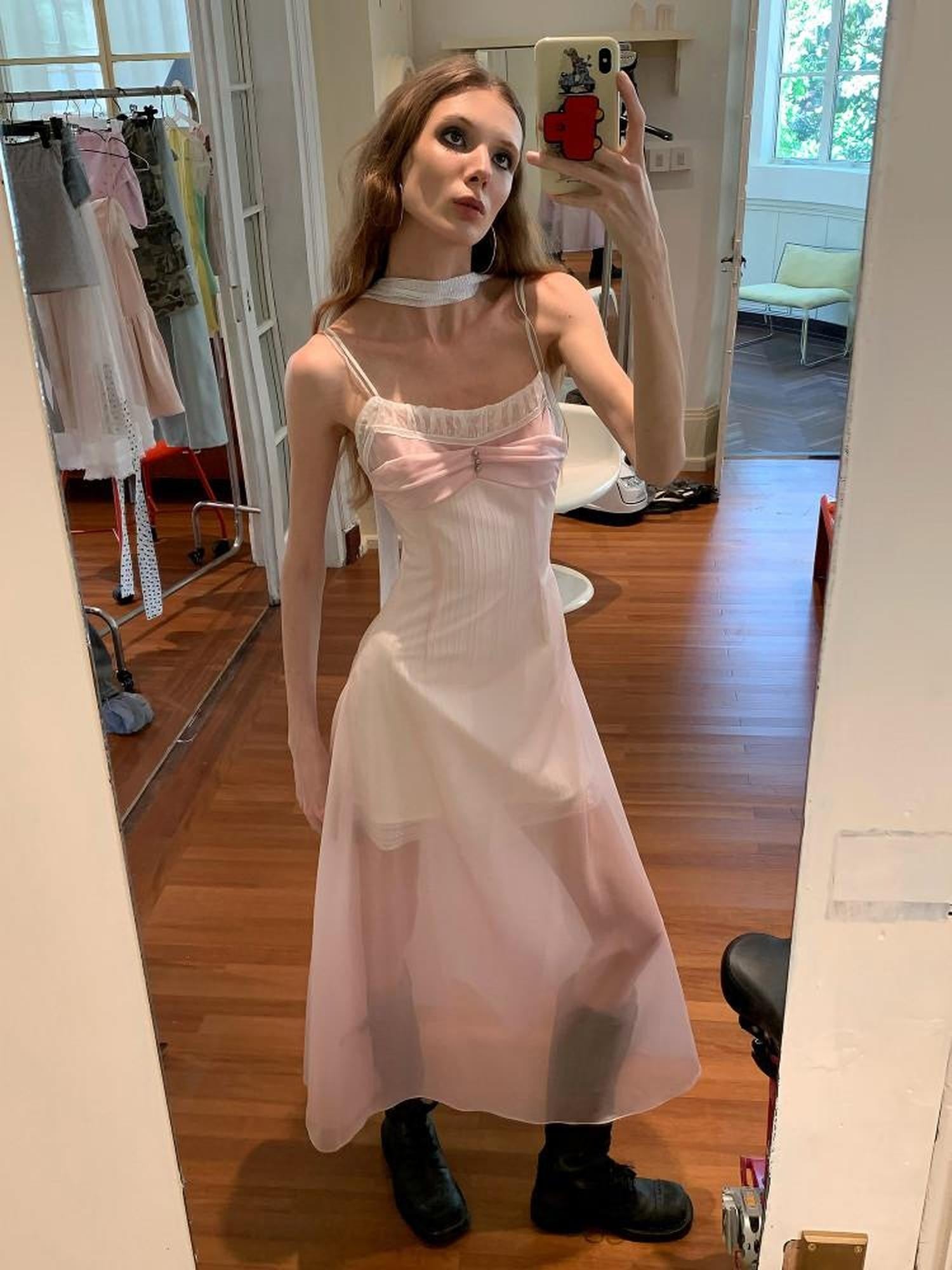 UNIVERSE Sheer Sakura Pink High Waist Spaghetti Strap Women's Slip Midi Dresses