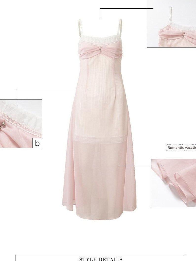 UNIVERSE Sheer Sakura Pink High Waist Spaghetti Strap Women's Slip Midi Dresses