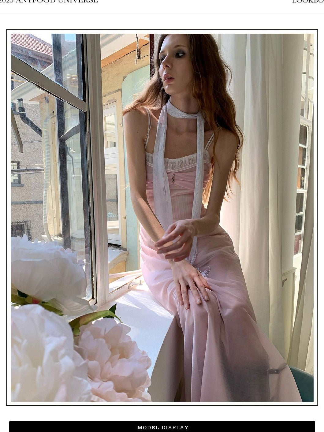 UNIVERSE Sheer Sakura Pink High Waist Spaghetti Strap Women's Slip Midi Dresses