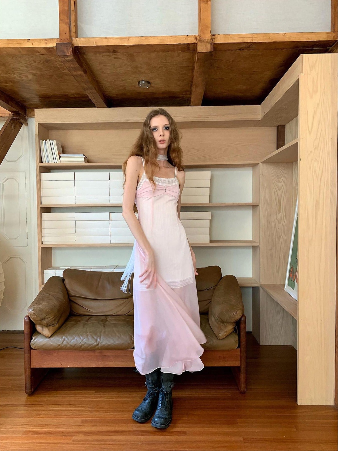 UNIVERSE Sheer Sakura Pink High Waist Spaghetti Strap Women's Slip Midi Dresses
