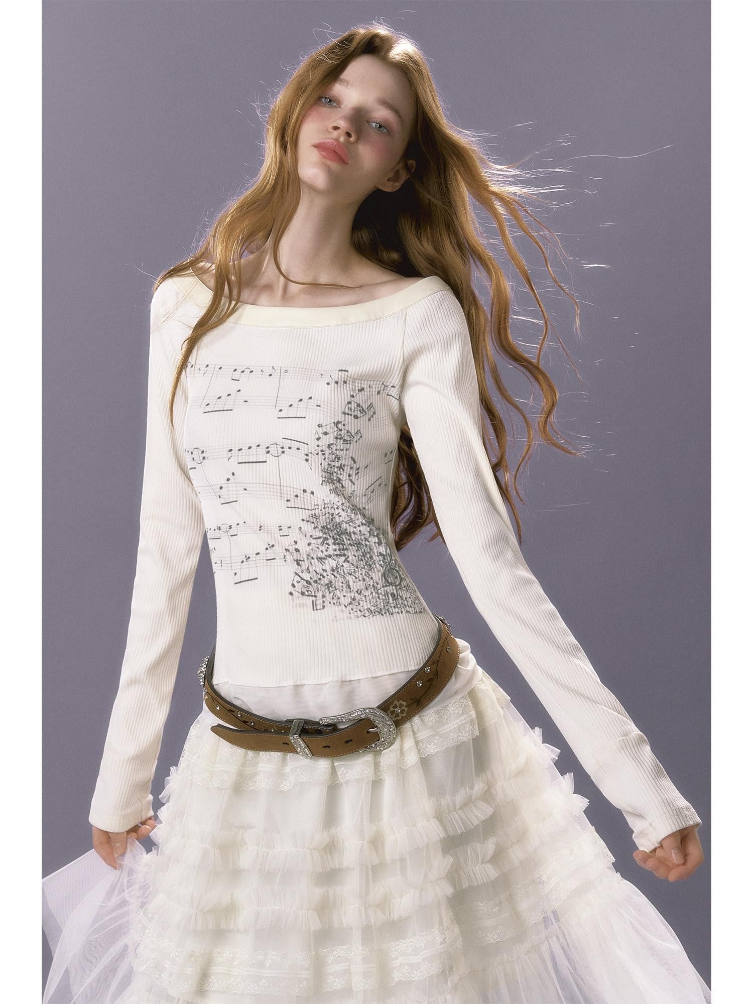 UNIVERSE Sheet Music Print Round Neck Slim Artistic Women's Cotton Long Sleeve T-shirts