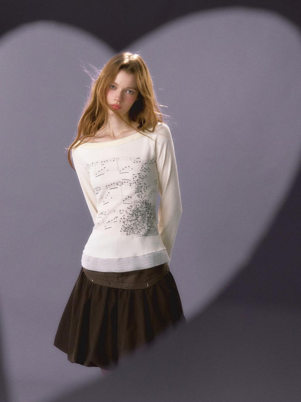 UNIVERSE Sheet Music Print Round Neck Slim Artistic Women's Cotton Long Sleeve T-shirts