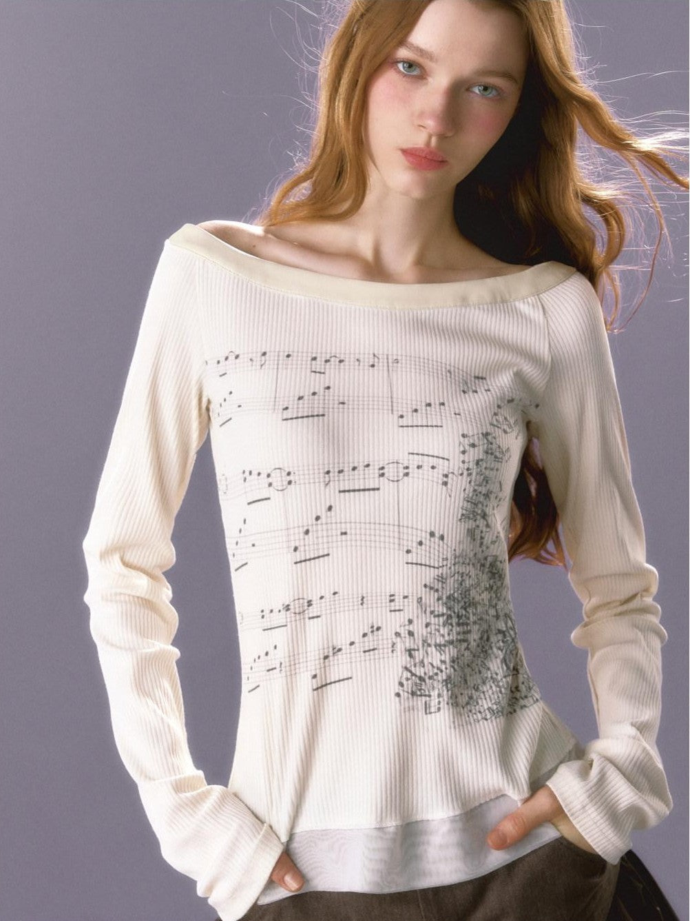 UNIVERSE Sheet Music Print Round Neck Slim Artistic Women's Cotton Long Sleeve T-shirts