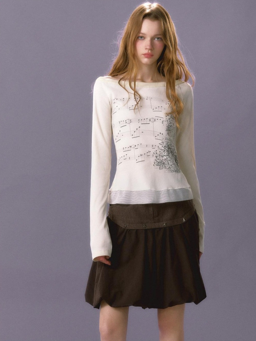 UNIVERSE Sheet Music Print Round Neck Slim Artistic Women's Cotton Long Sleeve T-shirts