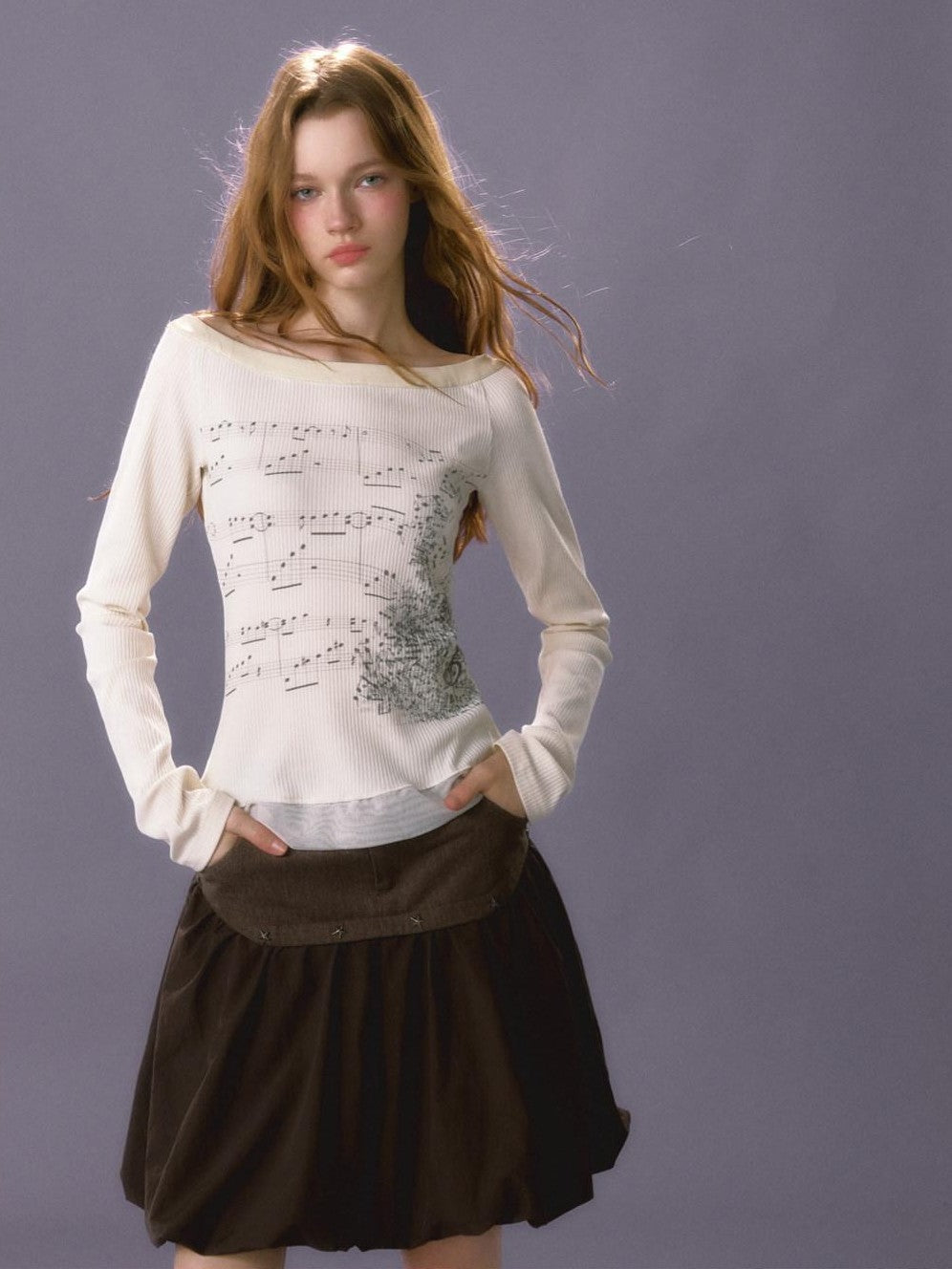 UNIVERSE Sheet Music Print Round Neck Slim Artistic Women's Cotton Long Sleeve T-shirts