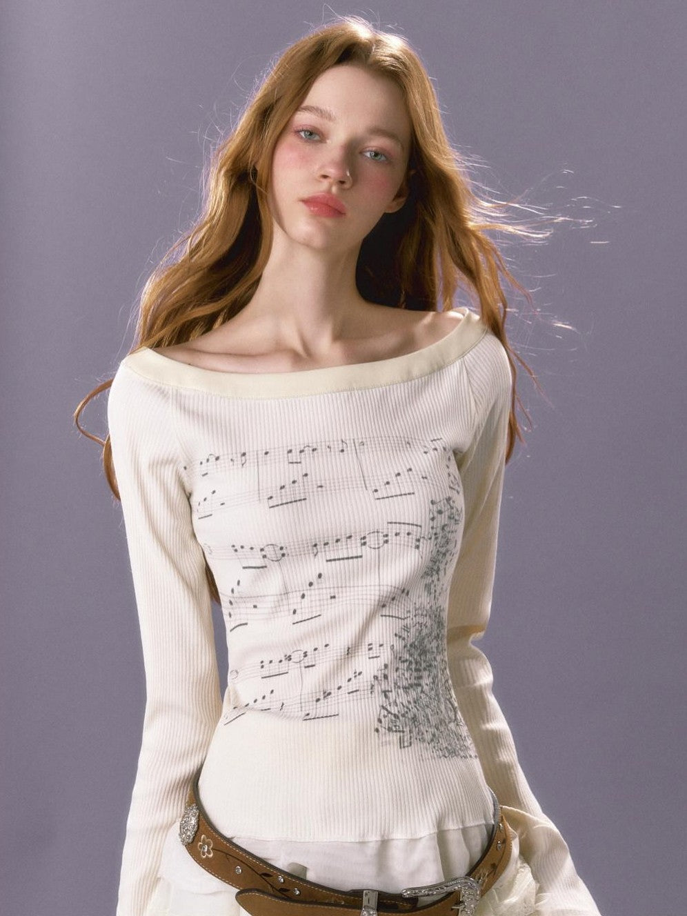 UNIVERSE Sheet Music Print Round Neck Slim Artistic Women's Cotton Long Sleeve T-shirts