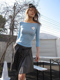 UNIVERSE Sky Blue Vintage Polka Dot Bardot Slim Women's Polyester Long Sleeve T-shirts