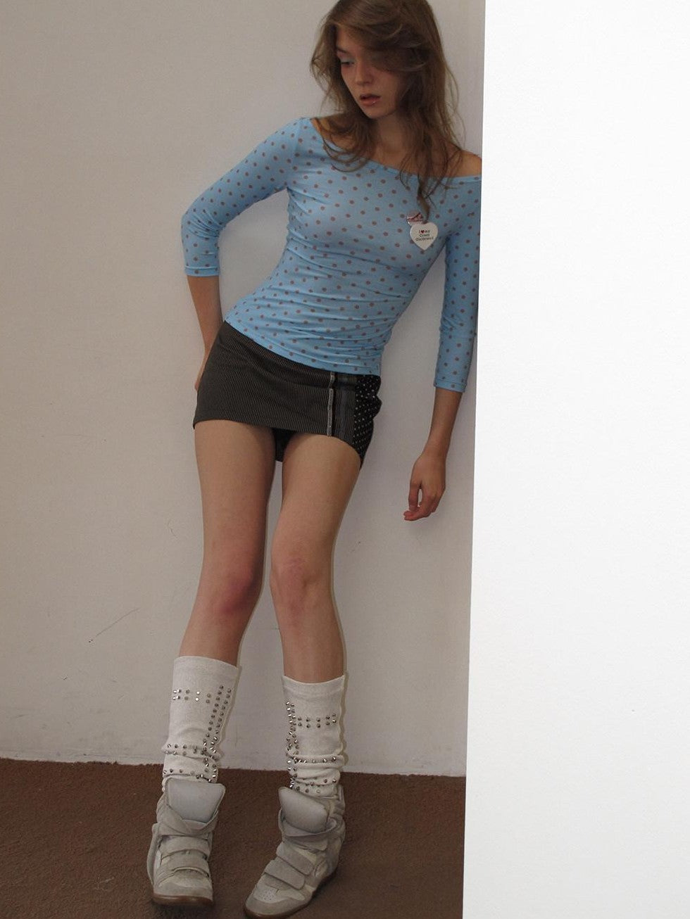 UNIVERSE Sky Blue Vintage Polka Dot Bardot Slim Women's Polyester Long Sleeve T-shirts