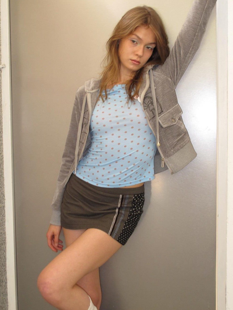 UNIVERSE Sky Blue Vintage Polka Dot Bardot Slim Women's Polyester Long Sleeve T-shirts