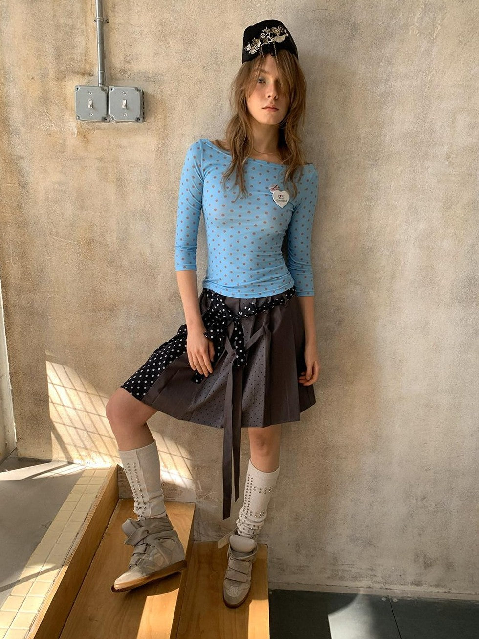 UNIVERSE Sky Blue Vintage Polka Dot Bardot Slim Women's Polyester Long Sleeve T-shirts