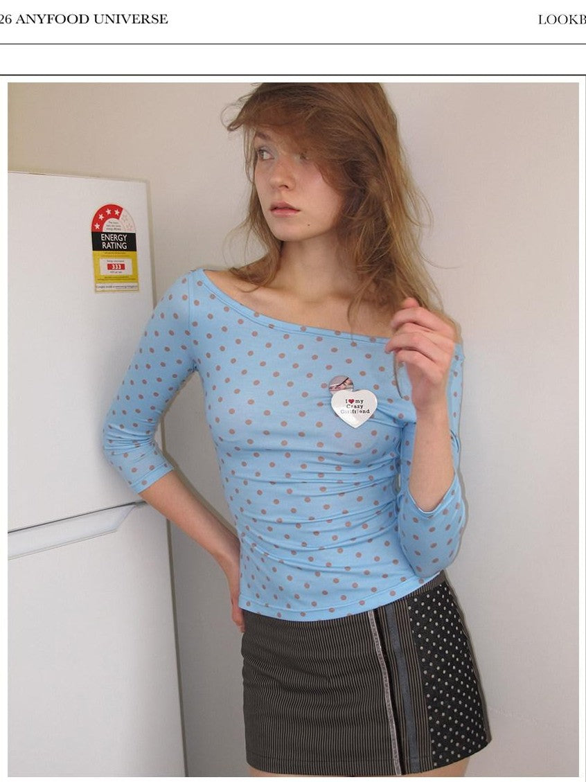 UNIVERSE Sky Blue Vintage Polka Dot Bardot Slim Women's Polyester Long Sleeve T-shirts