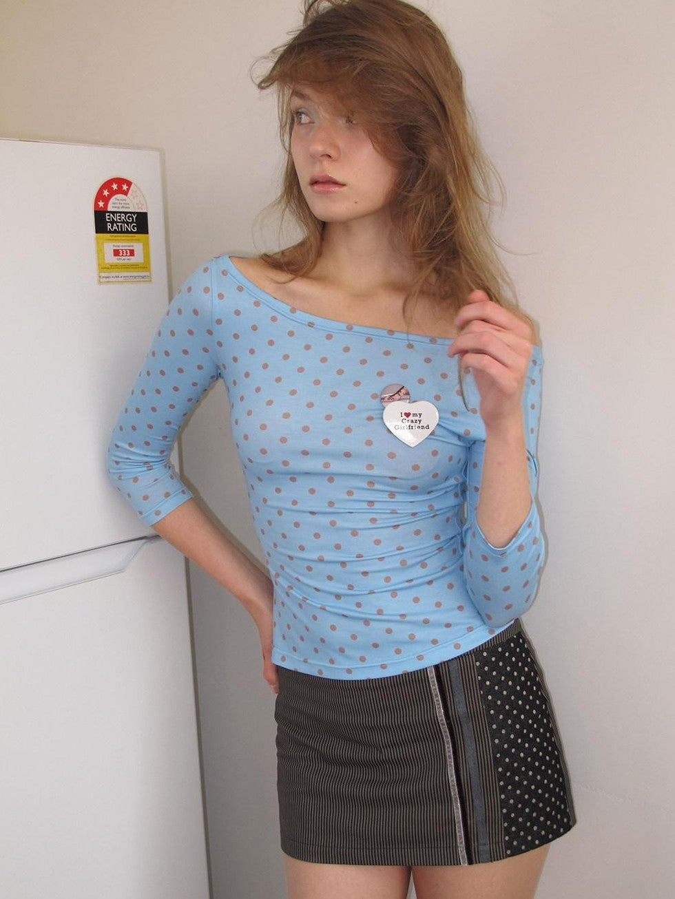 UNIVERSE Sky Blue Vintage Polka Dot Bardot Slim Women's Polyester Long Sleeve T-shirts