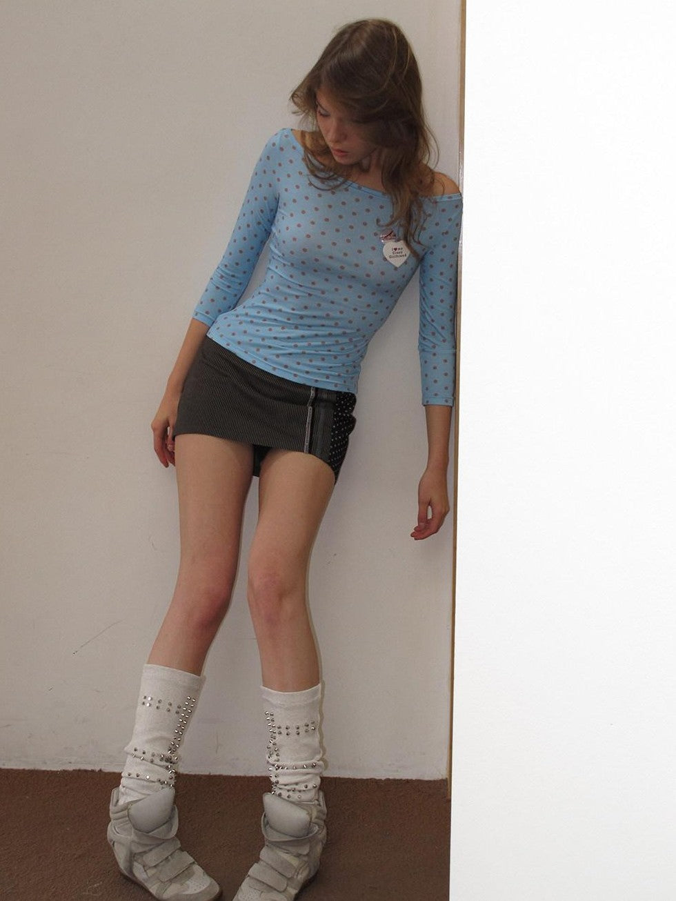 UNIVERSE Sky Blue Vintage Polka Dot Bardot Slim Women's Polyester Long Sleeve T-shirts