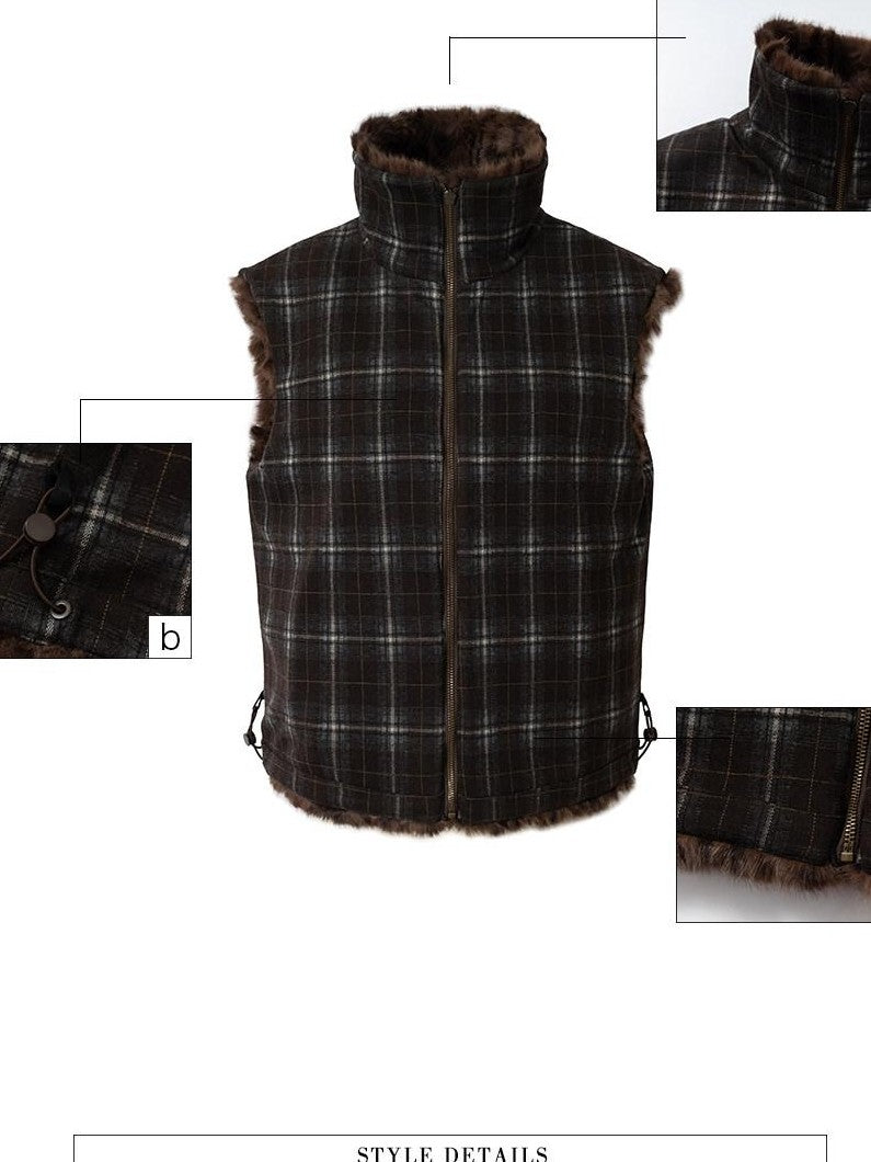 UNIVERSE Slim Plaid Plush Reversible Zipper Women's Polyester Blend Vests