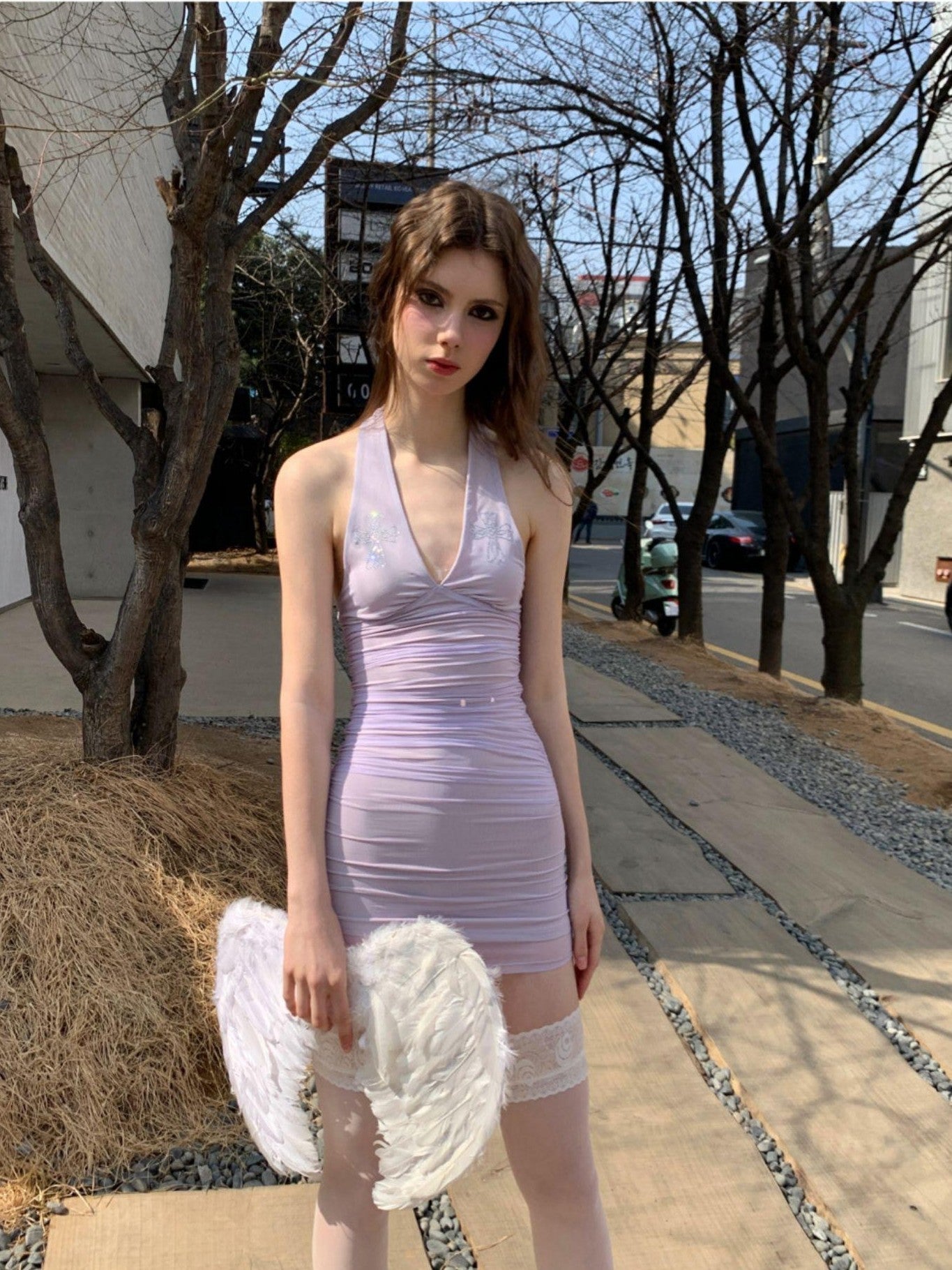UNIVERSE Smoky Purple Mandala Rhinestone V U Neck Women's Mesh Bodycon Mini Dresses