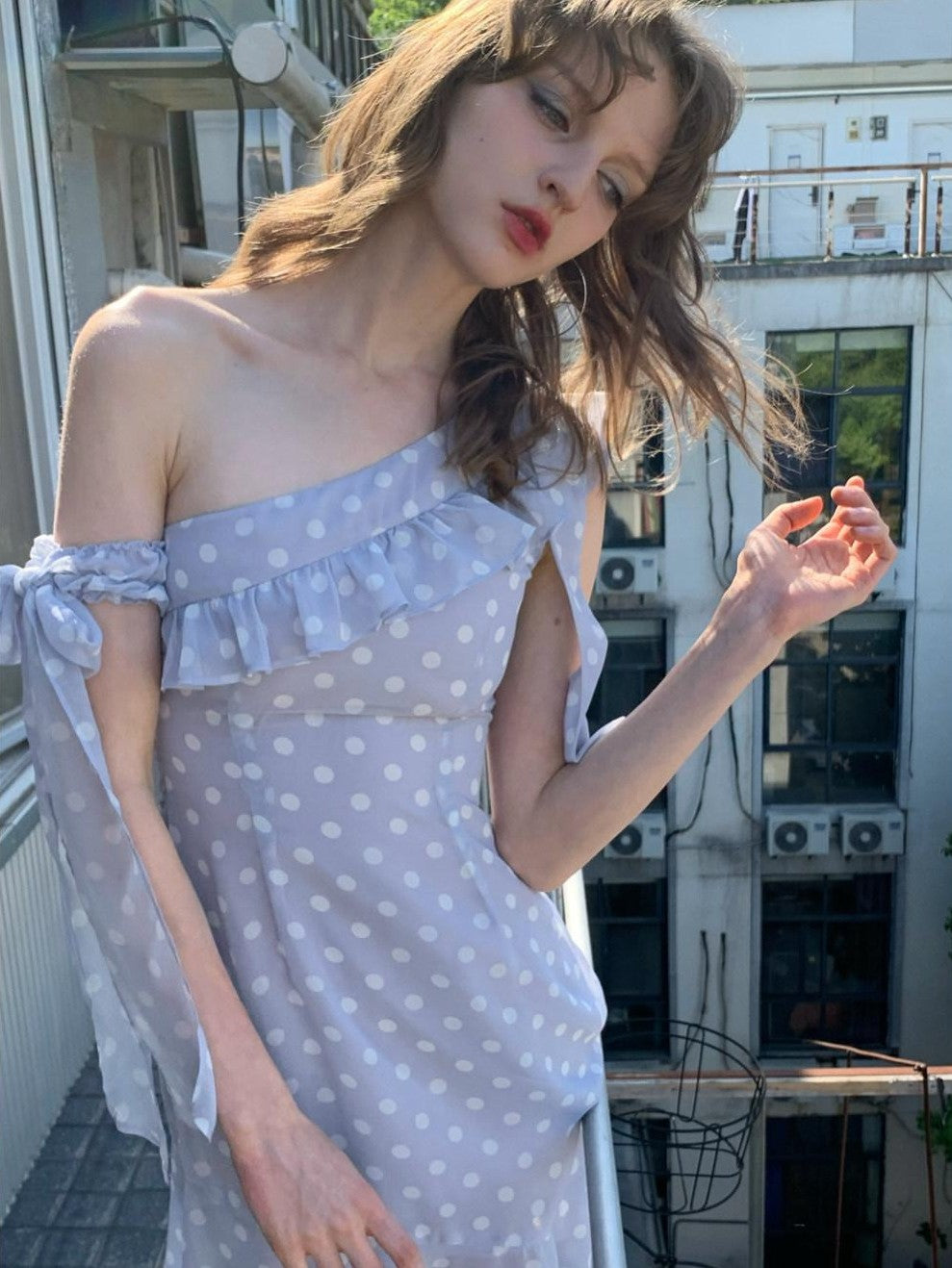 UNIVERSE Smoky Purple Polka Dot Asymmetric Ruffle Women's Off-shoulder Mini Dresses
