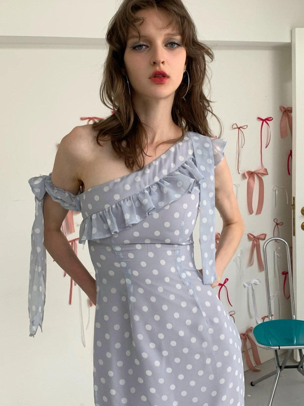 UNIVERSE Smoky Purple Polka Dot Asymmetric Ruffle Women's Off-shoulder Mini Dresses