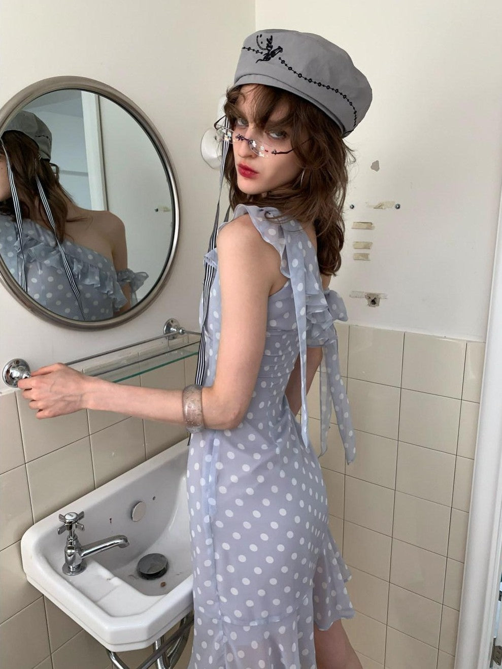 UNIVERSE Smoky Purple Polka Dot Asymmetric Ruffle Women's Off-shoulder Mini Dresses
