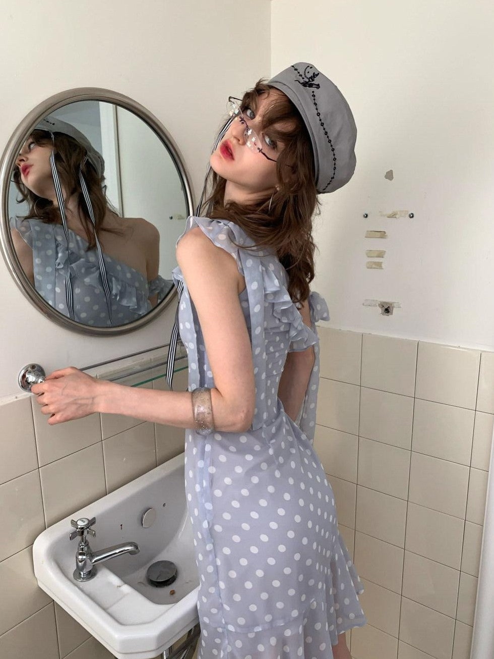 UNIVERSE Smoky Purple Polka Dot Asymmetric Ruffle Women's Off-shoulder Mini Dresses