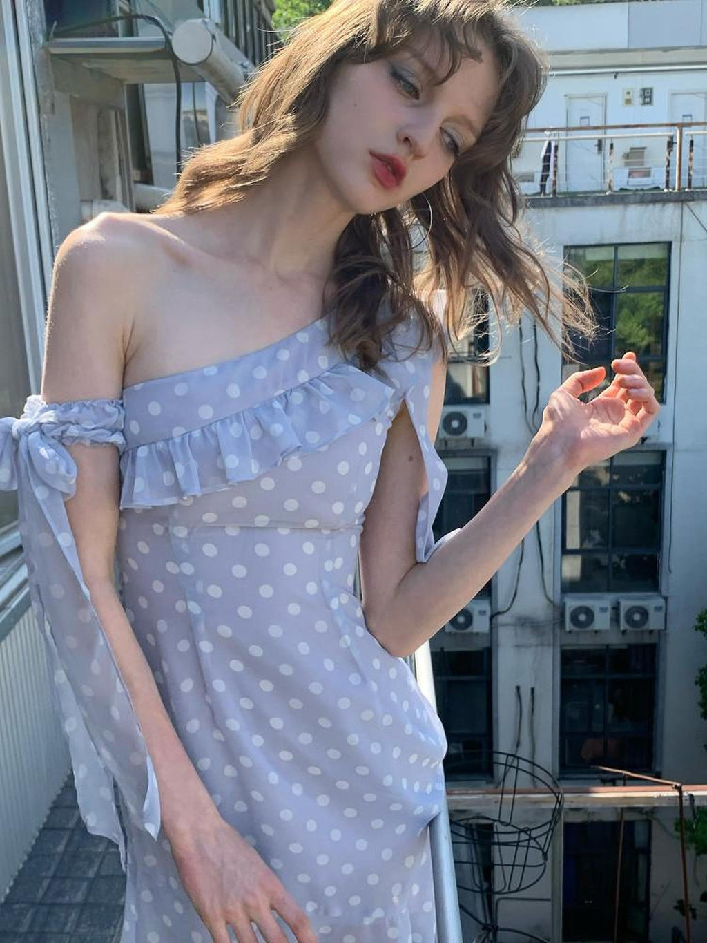 UNIVERSE Smoky Purple Polka Dot Asymmetric Ruffle Women's Off-shoulder Mini Dresses