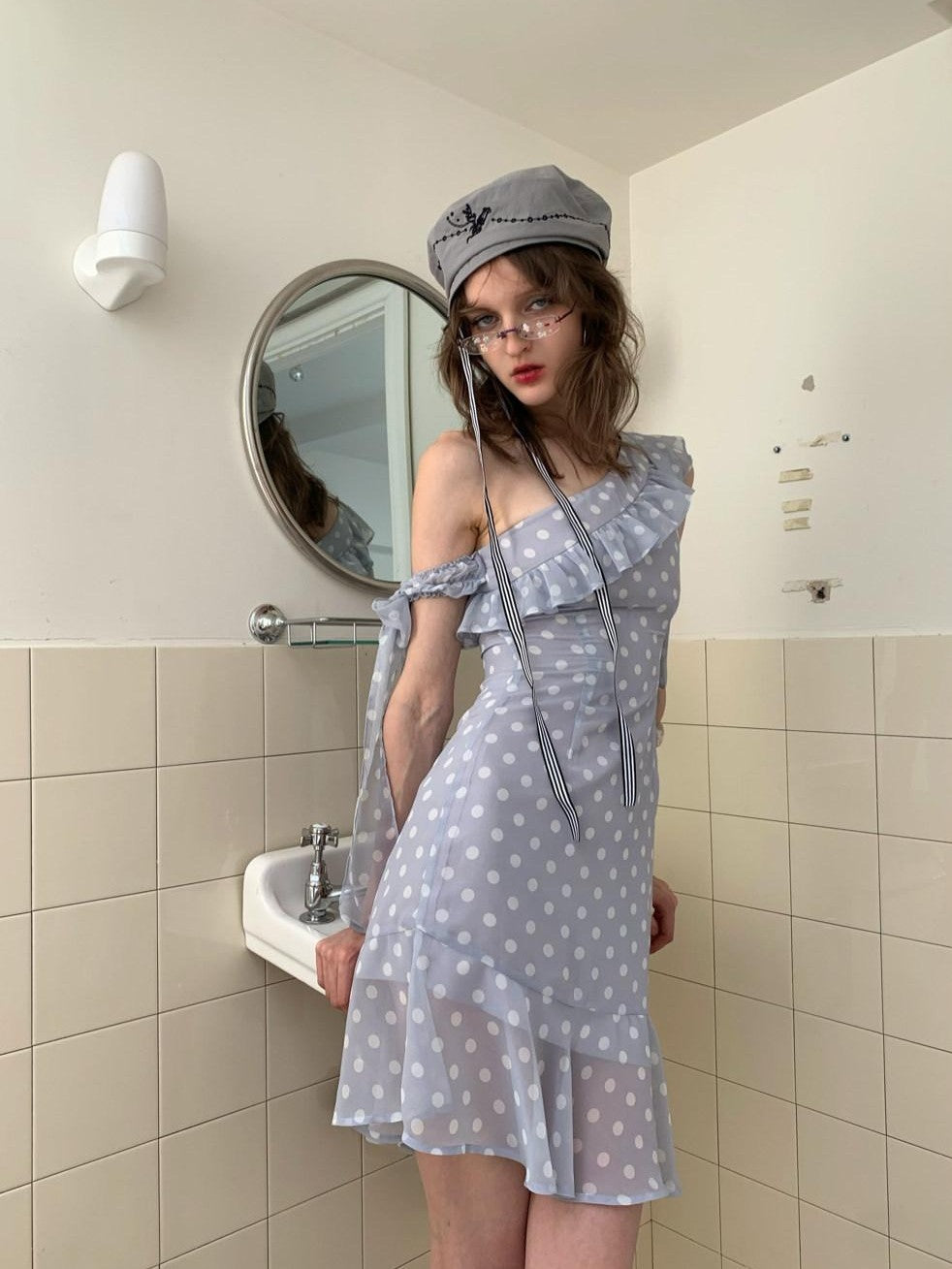 UNIVERSE Smoky Purple Polka Dot Asymmetric Ruffle Women's Off-shoulder Mini Dresses