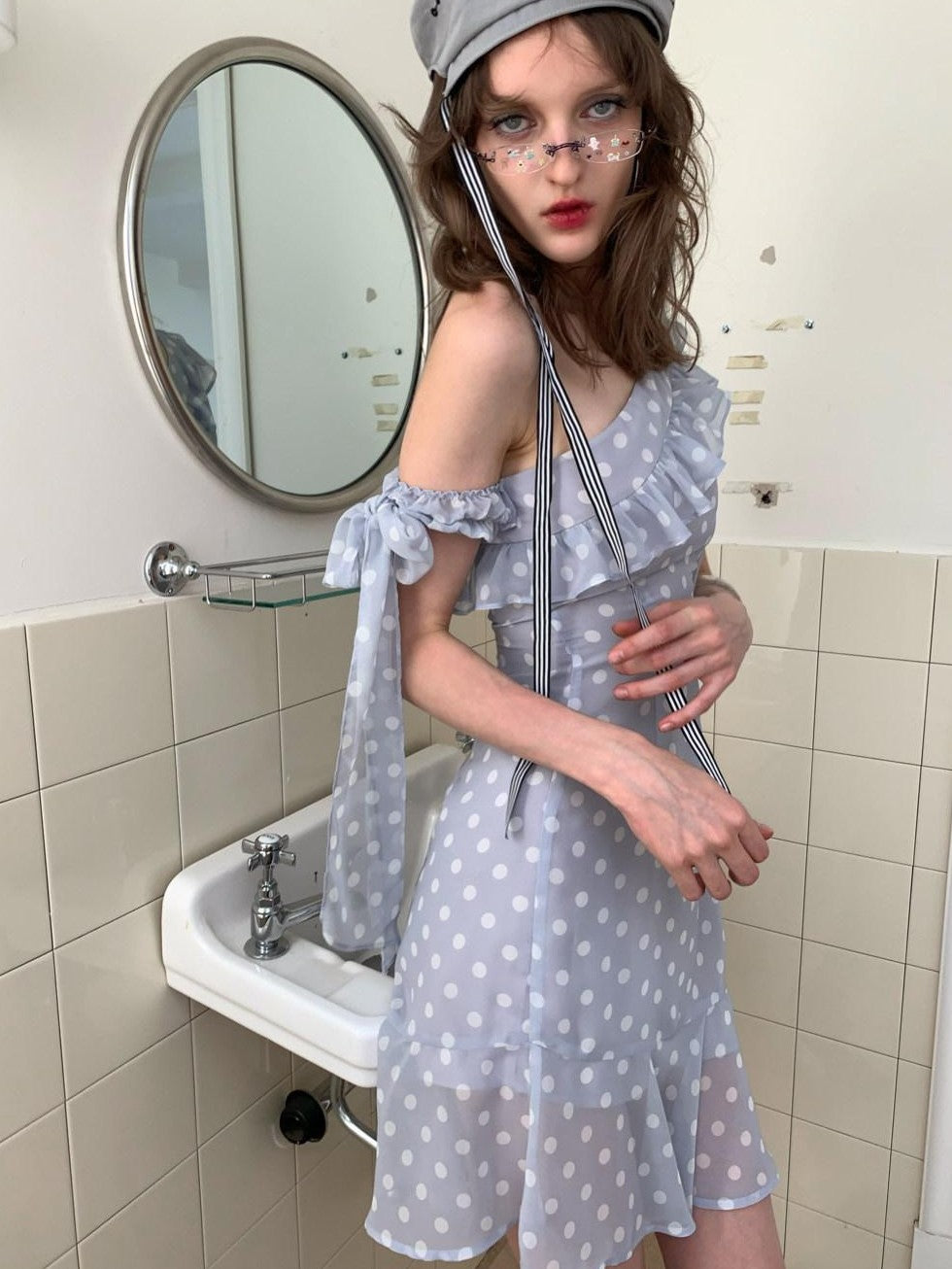 UNIVERSE Smoky Purple Polka Dot Asymmetric Ruffle Women's Off-shoulder Mini Dresses