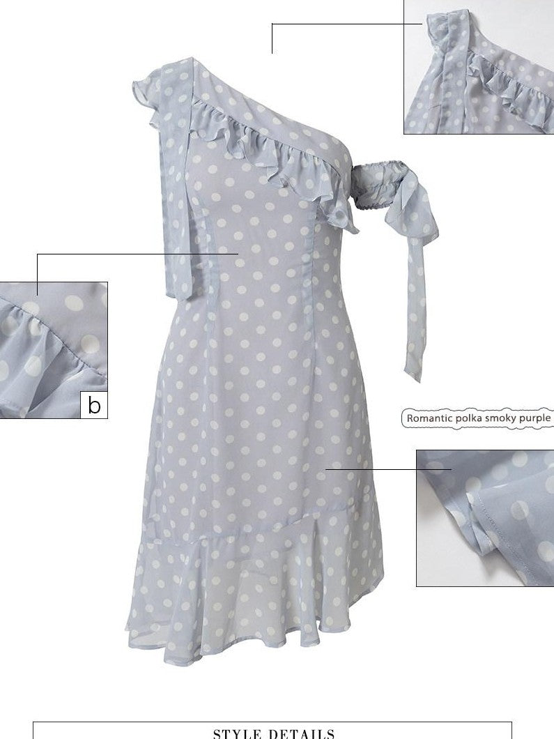 UNIVERSE Smoky Purple Polka Dot Asymmetric Ruffle Women's Off-shoulder Mini Dresses