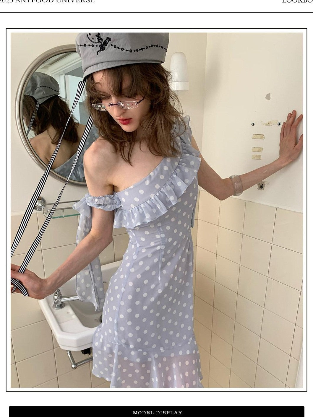 UNIVERSE Smoky Purple Polka Dot Asymmetric Ruffle Women's Off-shoulder Mini Dresses