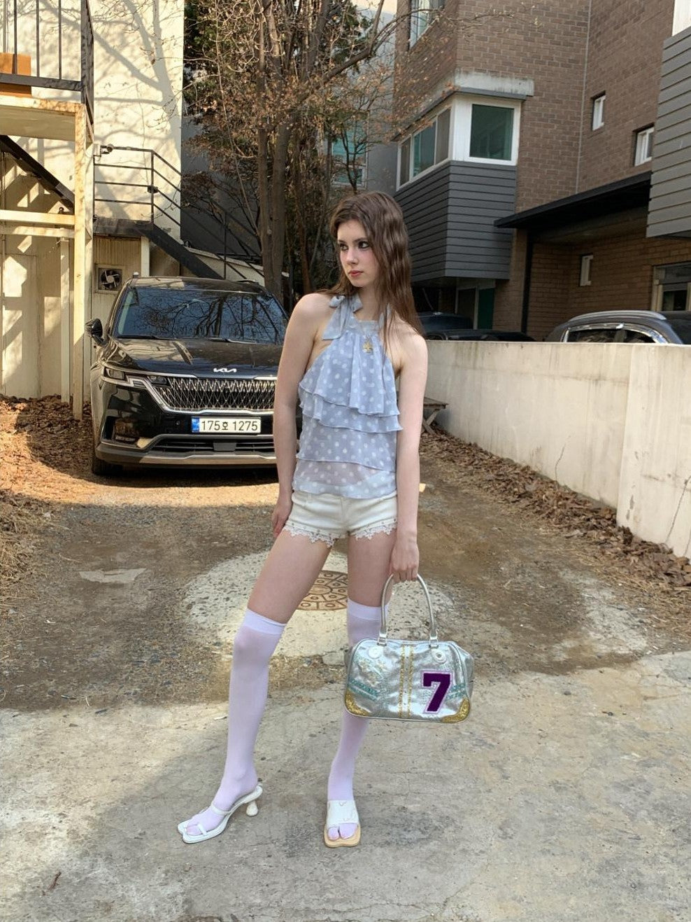 UNIVERSE Smoky Purple Polka Dot Cutout Vintage Sexy Women's Polyester Halter Tops