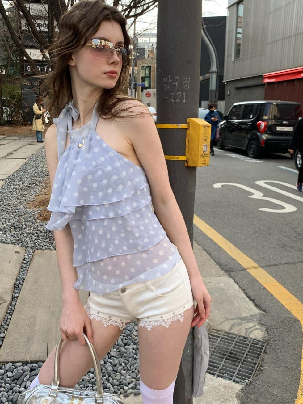 UNIVERSE Smoky Purple Polka Dot Cutout Vintage Sexy Women's Polyester Halter Tops