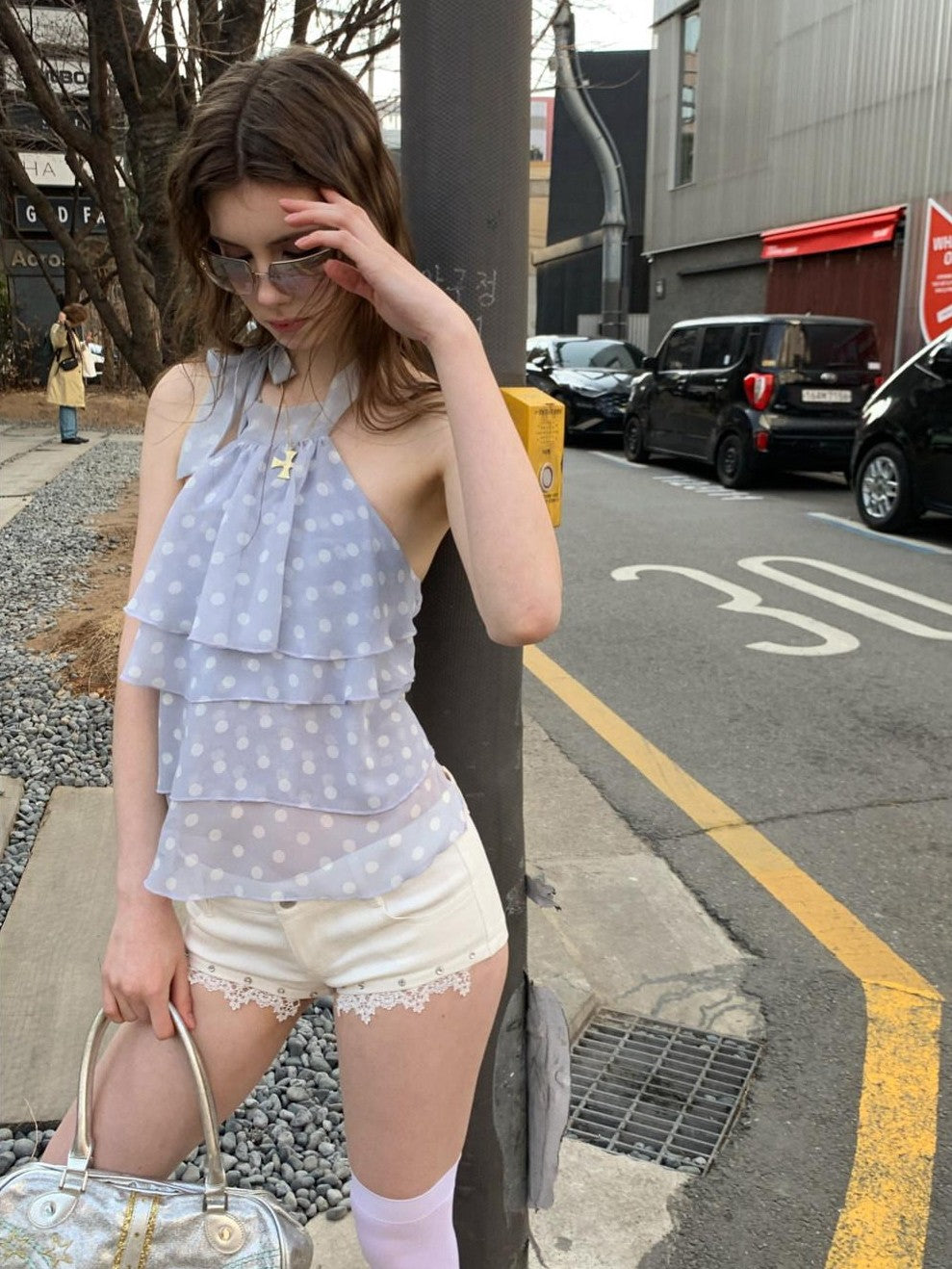 UNIVERSE Smoky Purple Polka Dot Cutout Vintage Sexy Women's Polyester Halter Tops