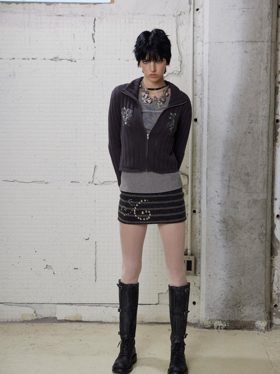 UNIVERSE Soft Gray Angel Pony Print Crewneck Slim Women's Cotton Long Sleeve T-shirts