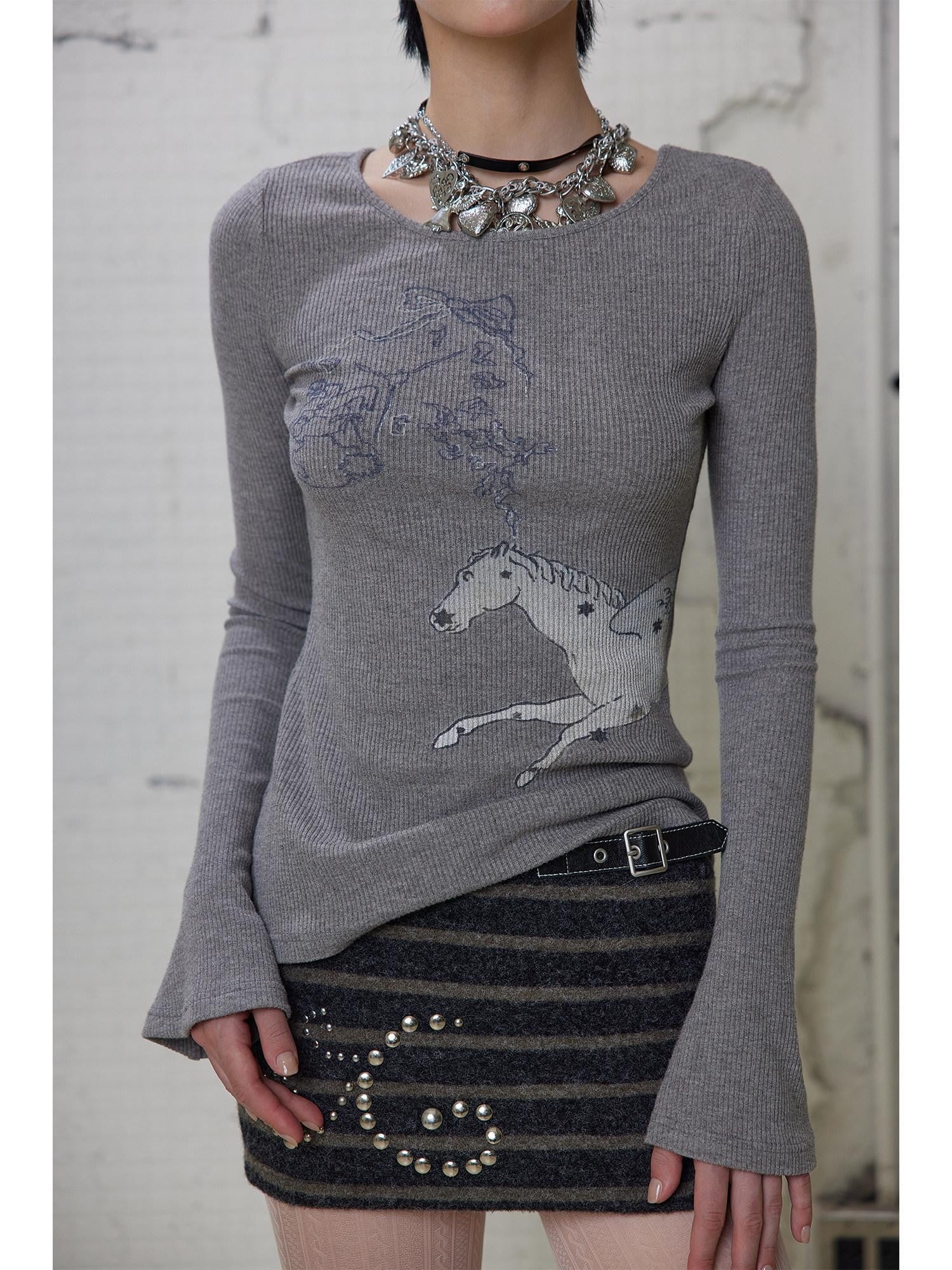 UNIVERSE Soft Gray Angel Pony Print Crewneck Slim Women's Cotton Long Sleeve T-shirts