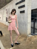 UNIVERSE Soft Pink High Waist Bodycon Strappy V-neck Women's Casual Mini Dresses