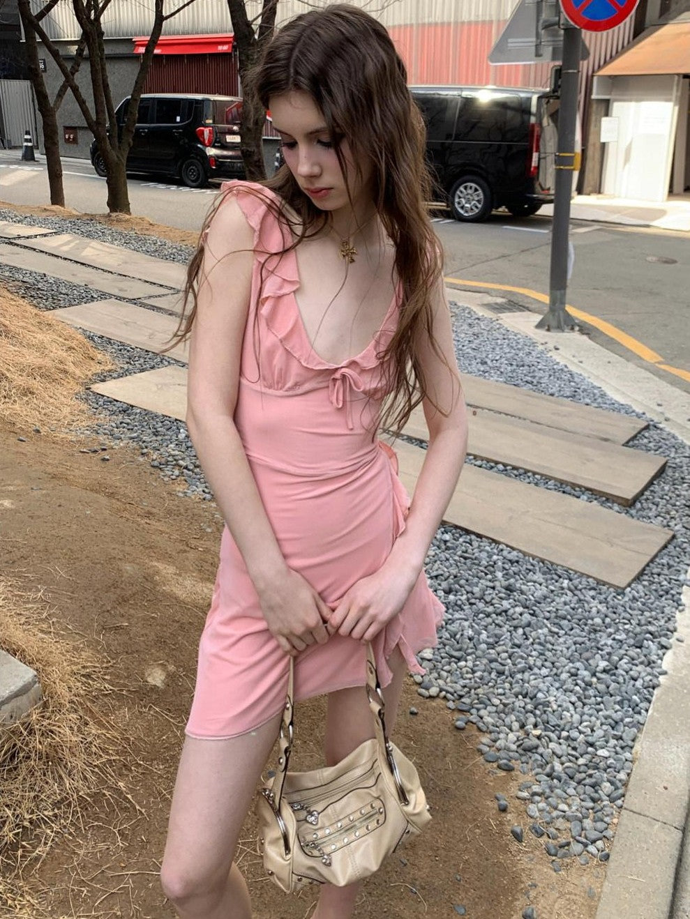 UNIVERSE Soft Pink High Waist Bodycon Strappy V-neck Women's Casual Mini Dresses