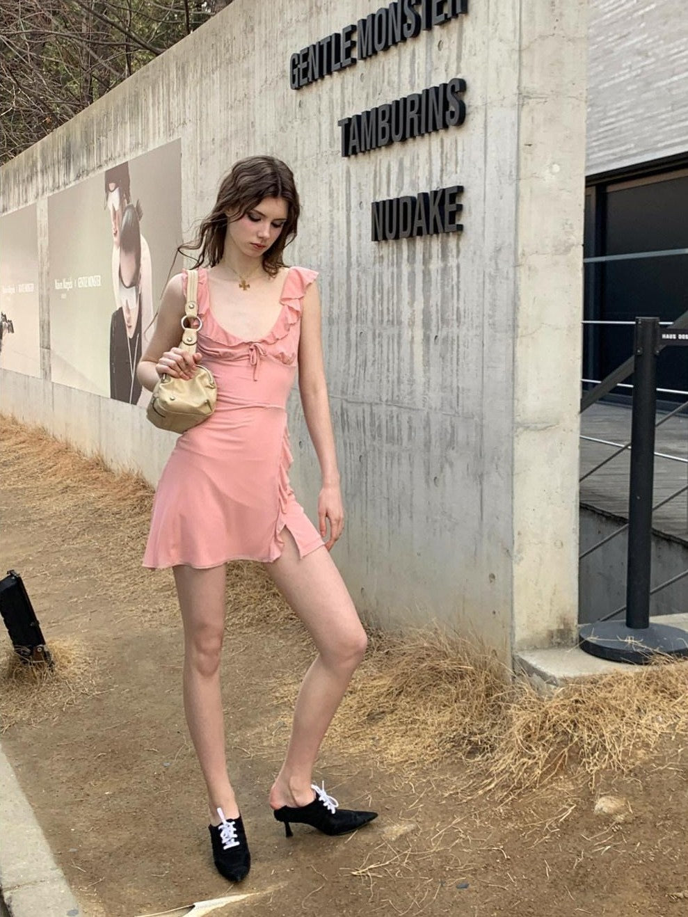 UNIVERSE Soft Pink High Waist Bodycon Strappy V-neck Women's Casual Mini Dresses