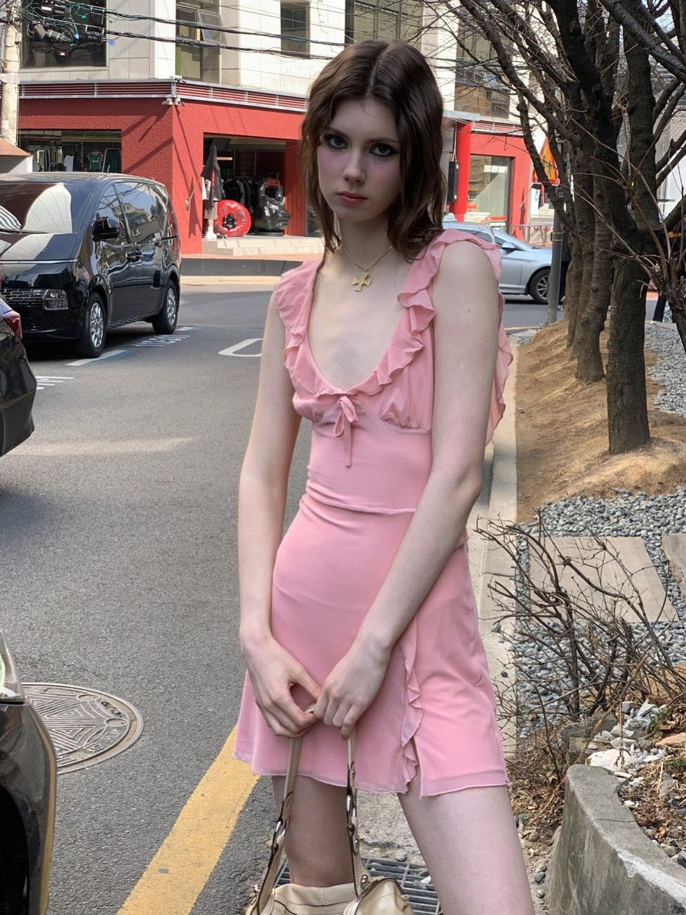 UNIVERSE Soft Pink High Waist Bodycon Strappy V-neck Women's Casual Mini Dresses