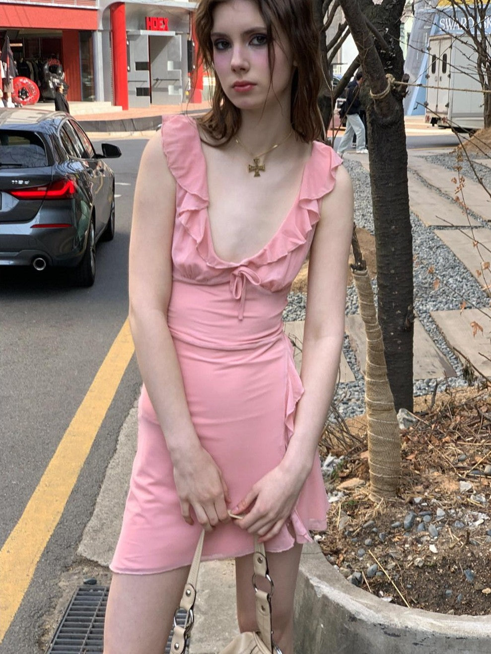 UNIVERSE Soft Pink High Waist Bodycon Strappy V-neck Women's Casual Mini Dresses